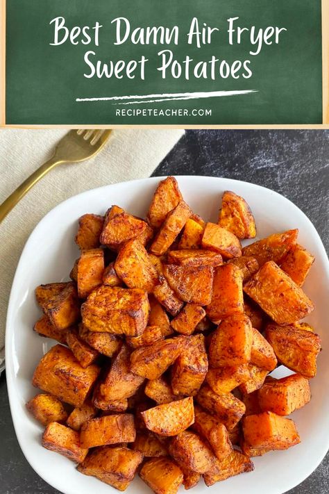 Sweet Potato Recipes In Air Fryer, Sweet Potatoes Air Fryer Recipes, How To Cook Yams In Air Fryer, Air Fryer Yams Recipe, Roasted Sweet Potato Air Fryer, Air Fryer Candied Sweet Potatoes, Sweet Potato In The Air Fryer, Sweet Potato Bites Air Fryer, Frozen Sweet Potatoes