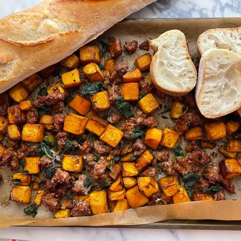 Sausage Sheet Pan Recipes, Squash Sheet Pan Dinner, Squash And Italian Sausage, Squash Sheet Pan, Sausage And Butternut Squash, Butternut Squash And Sausage, Sausage Sheet Pan, Butternut Squash Sausage, Butternut Squash Sage