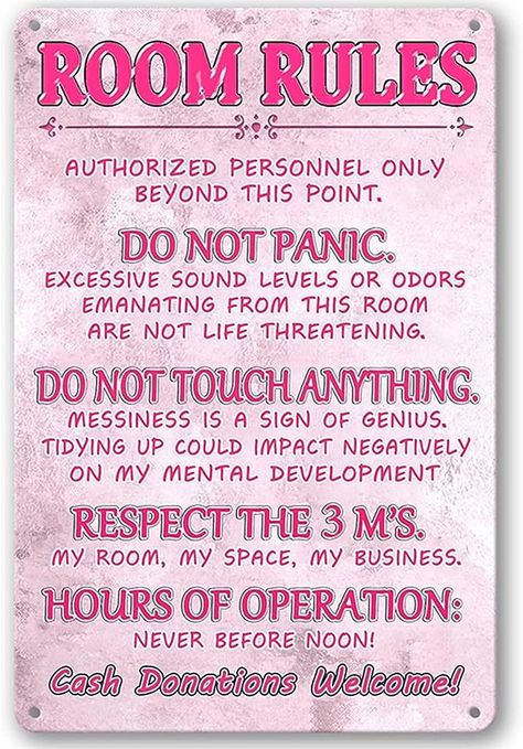 Amazon.com: Pink Room Decor For Teen Girls Room Rules Sign Bedroom Door Decor Cute Stuff Fun Room Signs For Teen Girl Aesthetic Cool Preppy Things Decorations For Bedroom Funny Metal Tin Sign 12 X 8 Inch : Baby Pink Teen Girl Bedroom, Room Rules, Teen Room Designs, Preppy Bedroom Decor, Preppy Bedroom, Diy Room Decor For Teens, Pink Room Decor, Bedroom Decor For Teen Girls