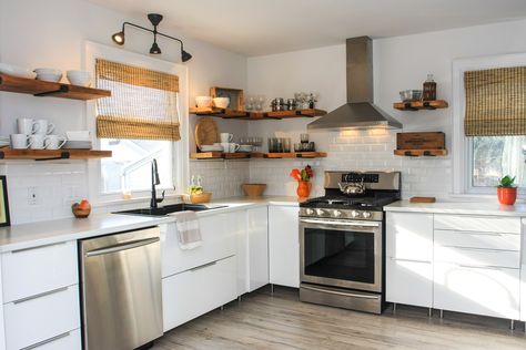 Kitchen Lower Cabinets Only Open Shelves, Kitchen With Lower Cabinets Only, Kitchen Lower Cabinets Only, Lower Cabinets Only, Farmhouse Kitchen With Open Shelving, Kitchen Lower Cabinets, Kitchen With Open Shelving, Glass Farmhouse, Kitchen Splash Back