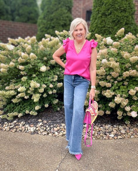 Over 40 Fashion Blogger, Tania Stephens is styling wide leg jeans with a pink ruffled top 6 Trouser Jeans Outfit, Wide Leg Jean Outfits, Pink Jeans Outfit, Styling Wide Leg Jeans, Tania Stephens, High Waisted Jeans Outfit, Style Wide Leg Jeans, Over 40 Fashion, 50 Is Not Old