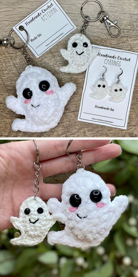 Ghost Earrings Crochet, Fall Crochet Keychain Pattern, Crochet Ghost Earrings Free Pattern, Crochet Tiny Ghost, Crochet Ghost Keychain Free Pattern, Small Crochet Ghost Pattern Free, Crochet Halloween Earrings Free Pattern, Halloween Keychains Crochet, Crochet Ghost Earrings