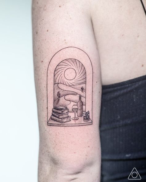 Fine line geometric tattoo of a beautiful scene through an arched window with books, wine & whiskey. Window Seal Tattoo, Window Tattoo Minimalist, Window Scene Tattoo, Small Window Tattoo, Arched Window Tattoo, Window Pane Tattoo, Arch Window Tattoo, Windowsill Tattoo, Stainglass Tattoos