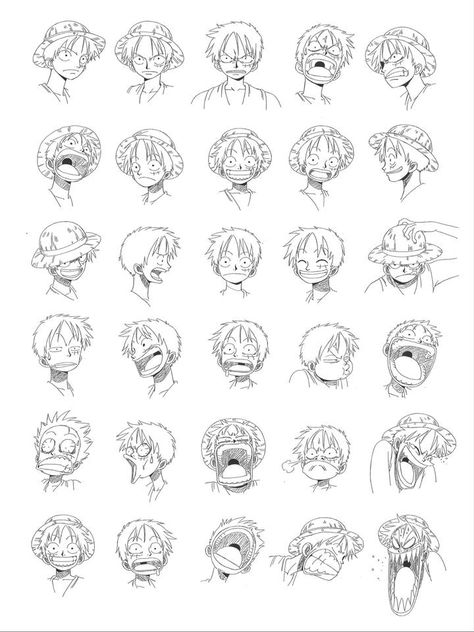 Oda Art One Piece, One Piece Expression Sheet, Luffy Face Expression, One Piece Facial Expressions, Op Character Design, Luffy Reference Sheet, Oda Eiichiro Art, How To Draw One Piece Style, Drawing One Piece Characters