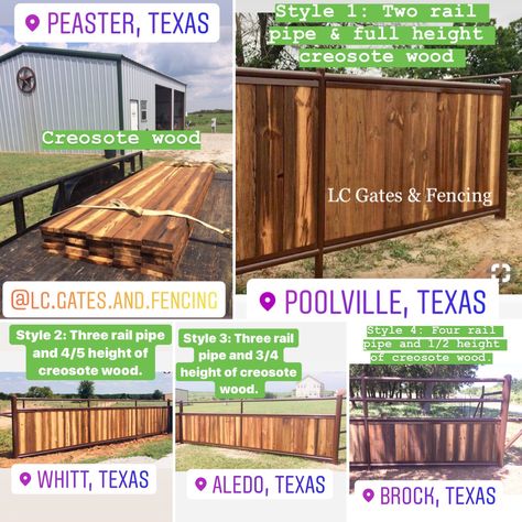 Pipe fence with creosote wood styles with either two rails, three rails or four rails of pipe for entrances, fencing or horse arenas. Horse Turn Out Pens, Creosote Fence, Pipe Fence Entrance, Pipe Fence Ideas, Arena Fencing, Roping Arena, Ranch Entrance Ideas, Cattle Pens, Cattle Facility