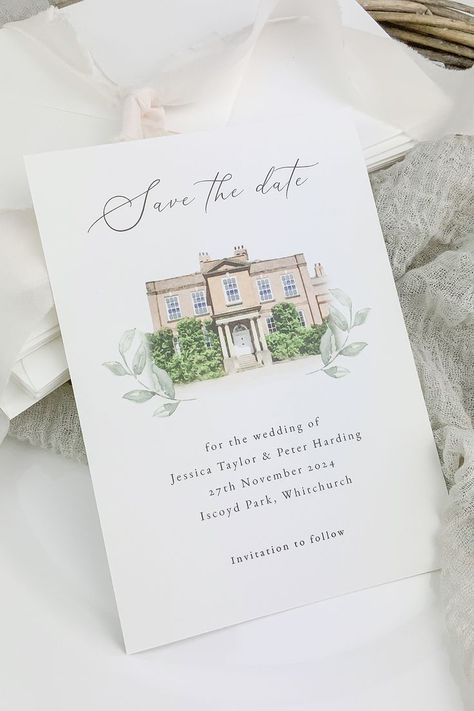 Save the date card showing a personalised watercolour illustration of Iscoyd Park Country House wedding venue. Save The Date With Illustration, Wedding Invite Venue Illustration, Save The Date Venue Illustration, Venue Wedding Invitation, Wedding Card Illustration, Marquee Wedding Decoration, Illustration Wedding Invitation, Save The Date Elegant, Wedding Venue Illustration