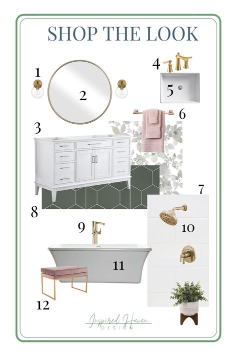 Encaustic Tile Floor, Bathroom With Chrome Fixtures, Grey Pattern Wallpaper, Green Tile Floor, Dark Stained Cabinets, Feminine Bathroom, Modern Farmhouse Bathroom, Modern Feminine, Upstairs Bathrooms