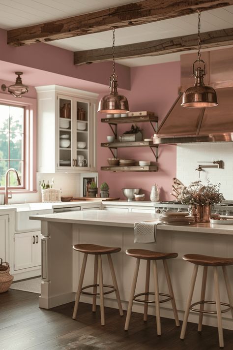 19 Farmhouse Kitchen Paint Colors For Inspiration 10 Pink Kitchen Paint, Dusty Pink Kitchen, Farmhouse Kitchen Paint Colors, Farmhouse Kitchen Paint, Bold Farmhouse, Rose Paint Color, Pink Kitchen Cabinets, Paint Color Guide, Cream Walls