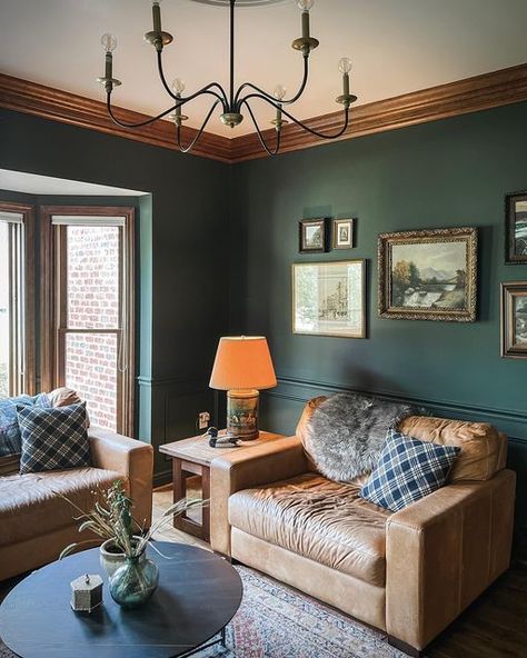 Dark Green Rustic Living Room, Dark Green Walls Wood Ceiling, Green Wall Wood Trim, Dark Green Walls Wood Trim, Green Parlor Room, Charleston Green Living Room, Dark Green Hunting Room, Paint Colors That Go With Pine Trim, Green Room Dark Wood Furniture