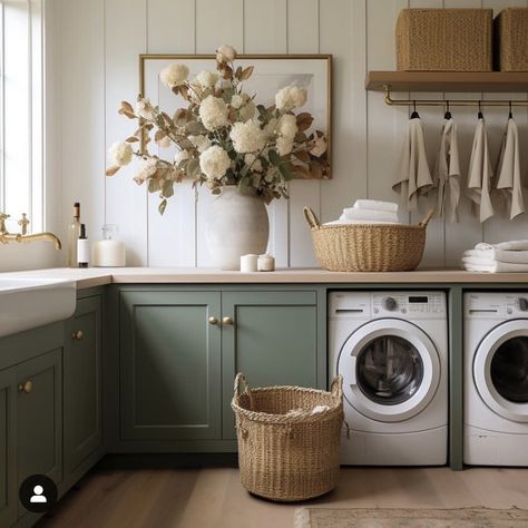 Laundry Room Wooden Cabinets, Blank Wall In Laundry Room, Laundry Room Design Sage Green, Boho Farmhouse Mudroom, Green And Cream Laundry Room, Italian Laundry Room, Soft Home Aesthetic, Nordic Laundry Room, Traditional Laundry Room Ideas