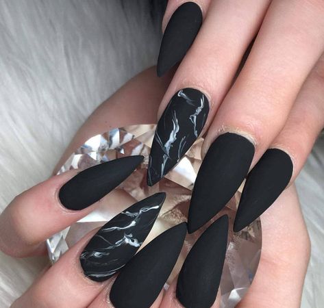 Matte Black Marble Nails, Matte Black Acrylic Nails Almond, Black And Silver Marble Nails, Matte Black Acrylic Nails Designs, Marble Black Nails, Black Marble Nail Designs, Matte Black Nail Ideas, Mat Black Nails, Marble Almond Nails