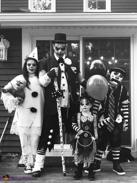 Deana: My husband and I love Halloween! We dress up every year with the kids. This year I wanted to be a clown family. I bought my daughters costume and my... Scary Toy Costume, Family Of Clowns Costume, Creepy Clown Family Costume, Scary Clown Family Costumes, Creepy Family Costumes, Clown Family Halloween Costumes, Clown Family Costume, Scary Family Costumes, Gothic Clown