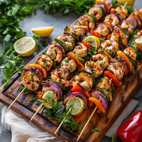 The smell of grilled kabobs on a warm summer evening is amazing. These chicken and shrimp kabobs are perfect for that feeling. They combine the smoky flavors What To Serve With Shish Kabobs, Chicken And Shrimp Kabobs, Chicken Kabobs On The Grill, Kabob Marinade Recipes, Grilled Kabobs, Shrimp Kabob Recipes, Kabob Marinade, Graduation Bbq, Shrimp Kabobs