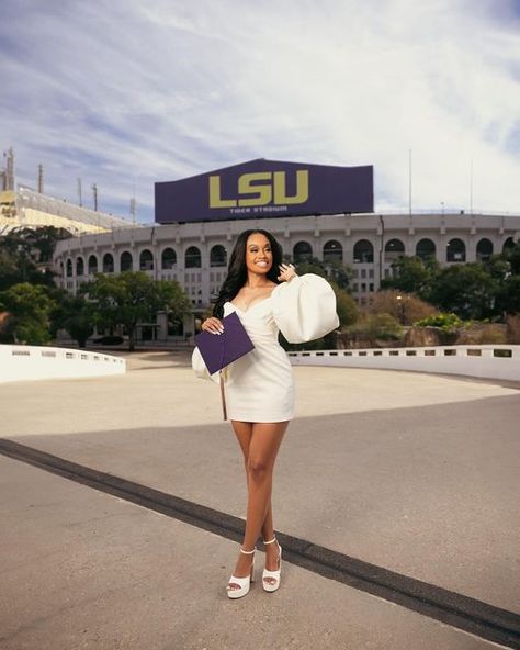 Baton Rouge Photographer on Instagram: "Let’s just say, @allisonalanaa killed it! And so did the weather that day🎓  Probably one of our favorite LSU graduate sessions to date.   Books are open and dates are available! Visit our site at superiorshotsphotography.com to view our portfolio and to book a session📸  #batonrougephotographer #lsugrad #lsu #louisianaphotographer #grad" Lsu Senior Pictures, Lsu Graduation Pictures, Masters Photoshoot, Lsu Graduation, Nursing Graduation Pictures, College Graduation Pictures Poses, Grad Shoot, Grad Pictures, College Graduation Photos