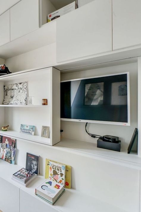 Tvs On Walls Ideas, Wall With Tv Ideas, Diy Home Reno, Tv Hiding Ideas, Hidden Office In Living Room, Hidden Tv Cabinet, Tv Fal, Hidden Tv, Modern Farmhouse Living