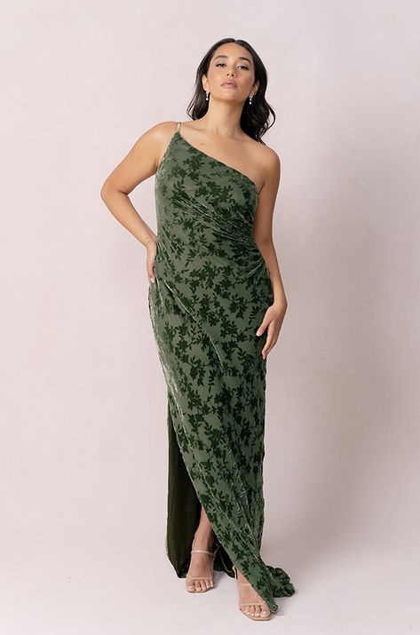 Model: Irene; Size: 10; Color: Deep Olive Burnout Shades Of Green Bridesmaid Dresses Fall, Sage Green Velvet Dress, Green Fancy Dress, Winter Wedding Guest Dress Green, Velvet Olive Green Bridesmaid Dresses, Dark Olive Green Velvet Bridesmaid Dresses, Dark Green Floral Bridesmaid Dresses, 70s Bridesmaid Dresses, Emerald Bridesmaid