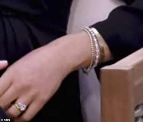 Meghan wore the tennis bracelet on her left wrist, alongside a dainty gold chain bracelet, and what appeared to be a £5,000 gold Cartier love bracelet Dainty Gold Chain, Armani Dress, Gold Chain Bracelet, Black Gown, Gold Bracelet Chain, The Duchess, Baby Bump, Cartier Love Bracelet, Harry And Meghan