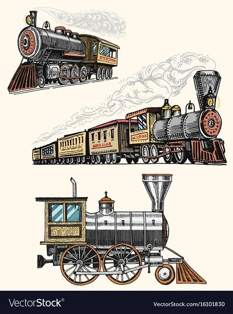 Steam Engine Trains Drawings, Vintage Train Drawing, Old Locomotive, Vintage Train Illustration, Steam Train Drawing, Locomotive Illustration, Train Drawings, Train Sketch, Train Artwork