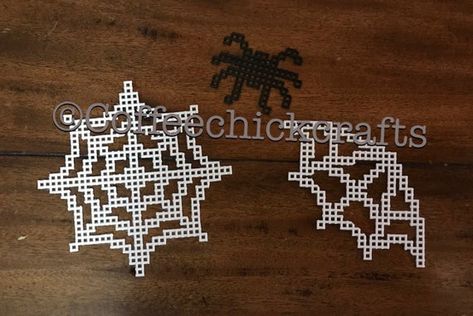 This is an individual PLASTIC CANVAS SPIDER AND SPIDER WEBS. These are cut from 7-mesh canvas. Approximately  FULL WEB: 5x 5 HALF WEB: 3.75” x 3.75” SPIDER: 2.5” x 2” Halloween Perler, Crochet Crocodile, Plastic Canvas Stitches, Hamma Beads, Beaded Spiders, Plastic Canvas Ornaments, Hama Bead, Plastic Canvas Tissue Boxes, Hama Perler