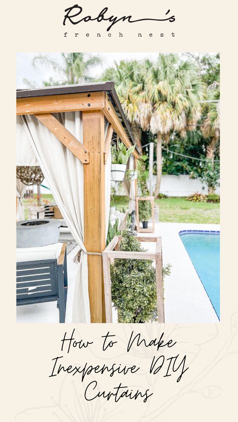 How To Hang Gazebo Curtains, Outdoor Gazebo Curtain Ideas, Diy Pergola Curtains, Diy Backyard Shade Ideas Budget, Pergola Curtains Outdoor Diy, Gazebo Curtain Ideas, French Backyard Ideas, Diy Gazebo Curtains, Diy Cabana Ideas Backyards