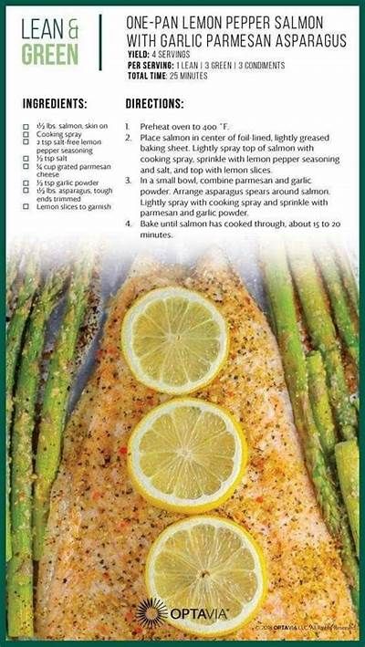 Pin by Janelle Hankinson on Optavia Lean Dinners, Optavia Lean And Green Recipes, Lemon Pepper Salmon, Medifast Recipes, Optavia Lean And Green, Lean Protein Meals, Parmesan Asparagus, Lean And Green, Lean Meals