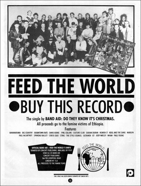 Band Aid "Do They Know It's Christmas?" (1984) — Band Aid was a charity supergroup featuring leading British & Irish artists, founded by Bob Geldof & Midge Ure to raise money for anti-poverty efforts in Ethiopia.  Repinned and no link Do They Know Its Christmas, Band Aid 1984, U2 Poster, Artist List, Vintage Music Art, Irish Artists, 70s Childhood, Midge Ure, The Style Council