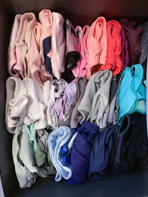 Sports Bras | KonMari Method For Workout Clothes | POPSUGAR Fitness Photo 3 Storing Sports Bras, Sports Bra Storage, Bra Organization, Bra Storage, Swim Meet, Konmari Method, Fitness Photos, Popsugar Fitness, Popsugar