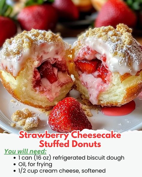 Strawberry Biscuits, Stuffed Strawberry, Biscuit Dough, Donut Recipes, Strawberry Cheesecake, Frying, Homemade Recipes, Donuts, Cream Cheese