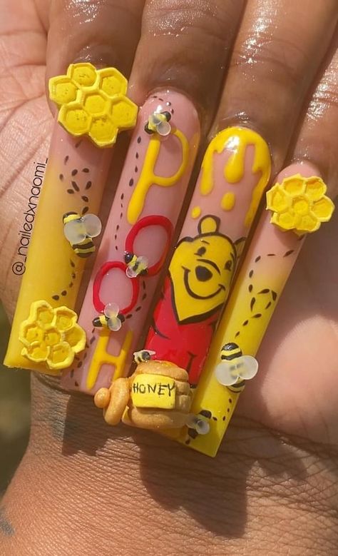 Winnie The Pooh Nails Acrylic, Winnie The Pooh Nails, Pooh Nails, Fye Nails, Cartoon Nails, Winnie The Pooh Themes, Acrylic Nails At Home, Nails Inspired, 2024 Nails