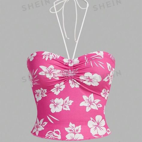 Pink Halter Top With White Flowers All Over It Women’s Size Medium 6 Cropped High Stretch Fabric Slim Fit Backless, Knot, Ruched 91% Polyester, 5% Elastane Never Worn Hawaiian Pink Printed Top, Y2k Pink Top For Beach, Hibiscus Halter Top, Summer Pink Floral Print Crop Top, Hibiscus Print Clothes, Pink Tropical Hibiscus Print Top, Pink Halter Top, Korean Outfits Kpop, Hawaiian Shirt Women