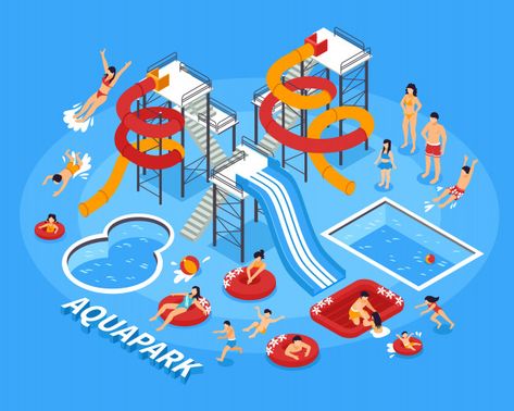 Water park illustration Free Vector Park Reference, Theme Drawing, Park Illustration, Money Flow, Sport Vector, Aqua Park, Pool Activities, About Water, Promotional Design