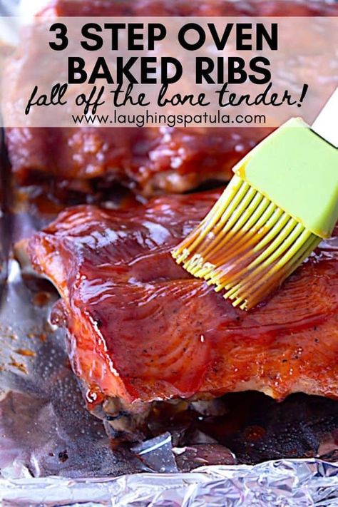 3 step, oven baked, fall off the bone ribs! Fall Off The Bone Pork Spare Ribs In The Oven, Spare Ribs In The Oven Fall Off The Bone, Oven Pork Ribs, Fall Off The Bone Ribs, Easy Scalloped Potatoes Recipe, Baked Bbq Ribs, Easy Ribs, Oven Meals, Pork Steaks