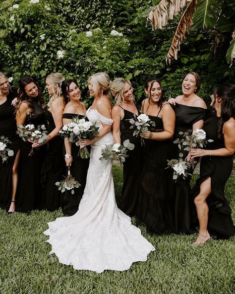 Can’t go wrong with bridesmaids in black and a vintage parasol 🖤 #destinationweddingphotographer #floridawedding #modernbride #bridesmaidsinblack Florida wedding inspo, bridesmaids dress inspiration, destination wedding photographer, modern bride style Black Bridesmaid Dresses With Bride, Bridesmaid Dresses Mismatched Black, Black Mismatched Bridesmaid Dresses, Black Bridesmaid Dresses Mismatched, Black Bridesmaid Dress Mismatched, Bridesmaids In Black, Black Bridal Party, Bridesmaid Dresses Mismatched, Vintage Parasol