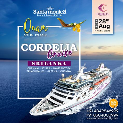 ⚓️🌴 Set sail on a remarkable adventure with our Cordelia Cruise package, taking you to the tropical paradise of Sri Lanka! Relax on deck, soak up the sun, and enjoy the luxurious amenities onboard. Don't miss this opportunity to create unforgettable memories on the high seas. Book your Sri Lanka cruise today! 🚢🌺 Call Santamonica Tours & Travels at +91 830 4000 999 to book your seat #santamonicatoursnadtravels #cordeliacruise #cordeliacruises #cruise #travel #cruisecation #tourpackages Cruise Poster Design, Cordelia Cruise, Boat Party Theme, Luxury Advertising, Norway Cruise, Sea Port, Travel Poster Design, Sri Lanka Travel, Cruise Lines