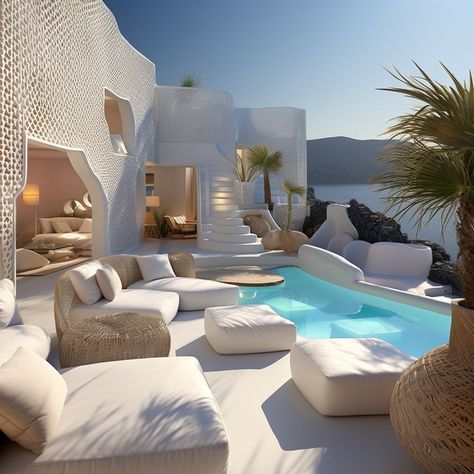 Santorini Patio Ideas, Santorini Greece Pool, Santorini Inspired Pool, Santorini Greece Villa, Greece Villa Interior, Greek Pool Design, Greece Inspired Backyard, Greek Modern House, Santorini Style Home