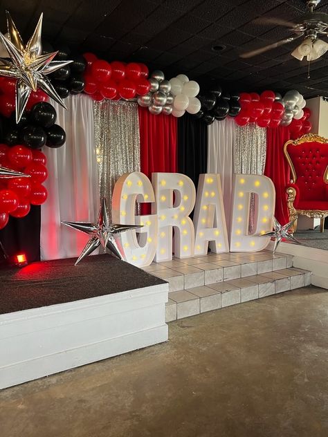 Red, White, Black, Silver Red Black And Gold Graduation Party Decoration, Red Black Graduation Party Ideas, Red Black And White Graduation Cake, Graduation Party Red And White, Black And Red Graduation Decorations, Red And Silver Decorations Party Ideas, Red White And Black Party Decorations, Graduation Party Ideas Red And White, Red Black And Gold Graduation Party