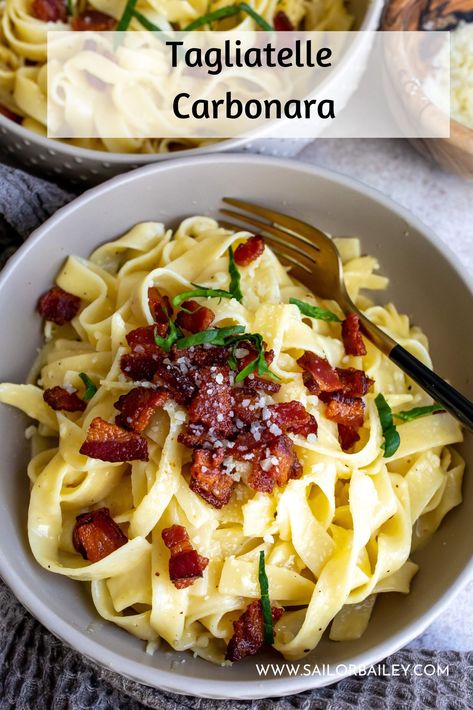 Tagliatelle carbonara with crispy pancetta is a must for a date night meal. Creamy, elevated and addictive. via @sailor_bailey Tagliatelle Pasta Recipes, Bailey Recipes, Fettuccini Noodles, Tagliatelle Carbonara, Tagliatelle Recipe, Sailor Bailey, Crispy Pancetta, Tagliatelle Pasta, Date Night Recipes