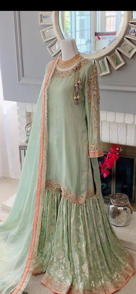 This sgae green gharara and shirt is perfect for day Nikah event Green Garara Dress Pakistani, Gharara For Bridesmaid, Sage Green Gharara, Green Garara Dress Pakistani Bridal, Green Gharara Pakistani Dresses, Pastel Gharara, Green Garara Dress, Bridesmaid Gharara, Rampuri Gharara