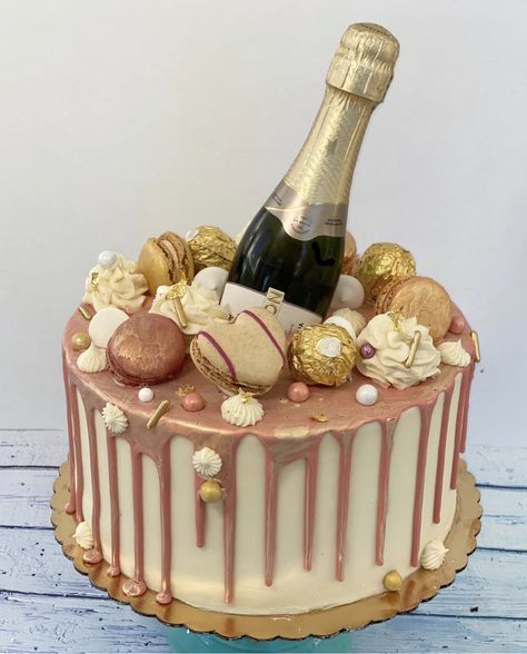 Birthday Cake With Champagne Bottle, Cake With Champagne Bottle On Top, White And Rose Gold Cake, Cake With Champagne Bottle, Champagne Cake Design, Champagne Birthday Cake, Champagne Bottle Cake, White Chocolate Drip, Bubbles Party