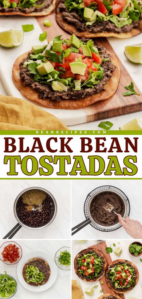 The BEST Black Bean Tostadas! You're just 30 minutes away from this busy weeknight dinner. Not only is this healthy tostada recipe vegan, but it is also crispy and delicious. Save this easy meal idea! Healthy Black Bean Recipes, Vegan Tostadas, Bean Tostada, Black Bean Tostadas, 10 Minute Meal, Tostada Recipe, Easy Bean Recipes, Vegan Bean Recipes, Bean Tostadas