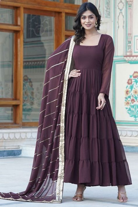 Coffee Brown Faux Georgette Anarkali Gown with Dupatta Brown Anarkali, Anarkali Gown With Dupatta, Umbrella Dress, Long Umbrella, Georgette Anarkali, Gown With Dupatta, Anarkali Gown, Indian Gowns, Ladies Gown