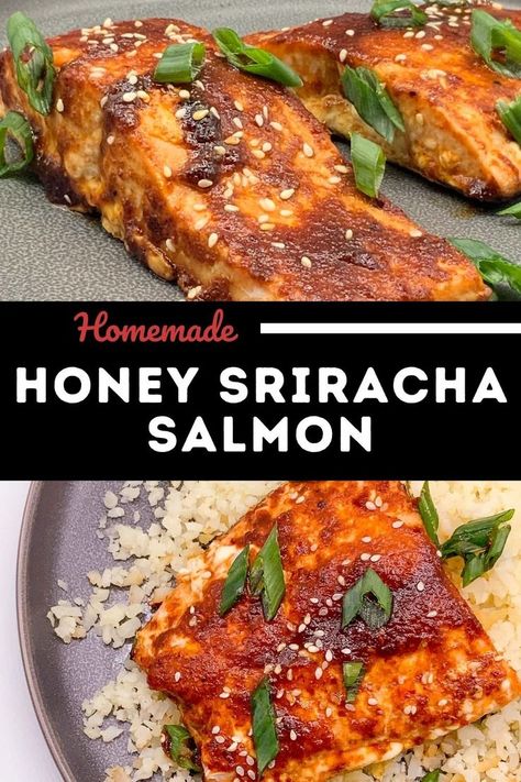 sweet and spicy Honey Sriracha Salmon in a plate Honey Sriracha Salmon, Sriracha Salmon, Honey Sriracha Sauce, Spicy Seafood, Spicy Seafood Recipes, Salmon Glaze Recipes, Honey Salmon, Easy Salmon Recipes, Spicy Salmon