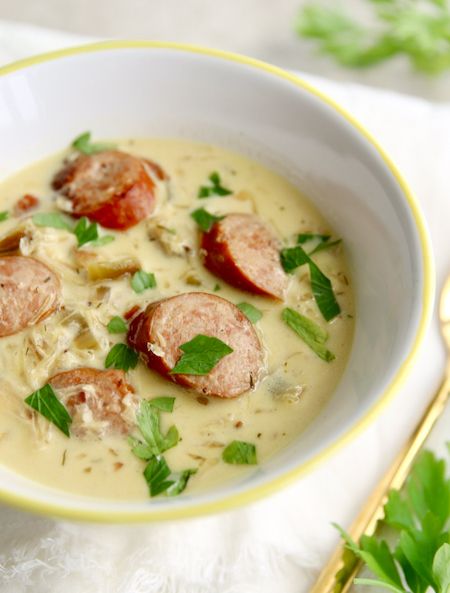 Our creamy sauerkraut and sausage soup is an easy and flavorful recipe made with smokey polish sausage and briney sauerkraut that's perfect comfort food. Saurkraut Soup Polish, Creamy Sauerkraut, Sauerkraut And Sausage, Keto Karma, Tartiflette Recipe, Simply Keto, Sauerkraut Soup, Sausage Soup Recipes, Keto Soups