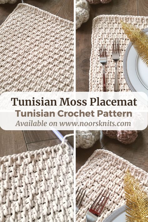 Check out this easy textured modern crochet placemat pattern. Practice the Tunisian moss stitch with this fun crochet kitchen pattern. Crochet Placemats Free Pattern Easy Place Mats, Modern Crochet Placemats, Tunisian Crochet Table Runner, Tunisian Crochet Placemats Free Pattern, Tunisian Crochet Placemats Patterns, Crochet Rectangular Placemats Free Pattern, Tunisian Crochet Placemats, Crochet Placemats Free Pattern Rectangle, Crocheted Placemats Rectangle