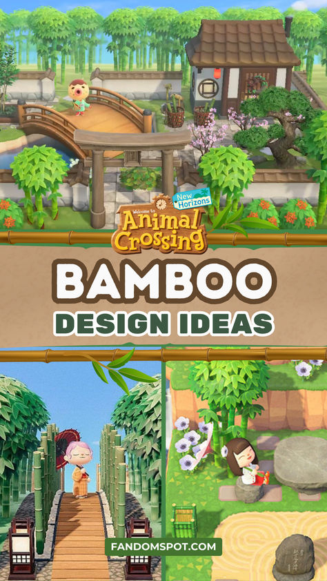 Acnh Azumaya Gazebo, Animal Crossing Bamboo Path, Acnh Bamboo Ideas, Acnh Flower Bed Design, Jungle Island Animal Crossing, Bamboo Forest Acnh, Animal Crossing Boardwalk Ideas, Acnh Campsite Designs Forest, Acnh Bamboo Forest Idea