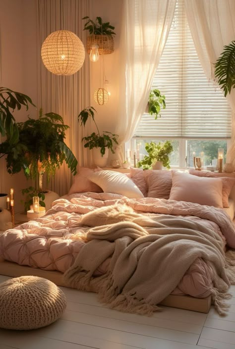 Pink Women Bedroom, Aesthetic Boho Bedroom Ideas, Room Ideas Women Bedroom, Pink Bedroom Plants, Soft Romantic Bedroom, Pink Bedroom With Plants, Feminine Boho Bedroom, Pink Boho Room, Boho Pink Bedroom