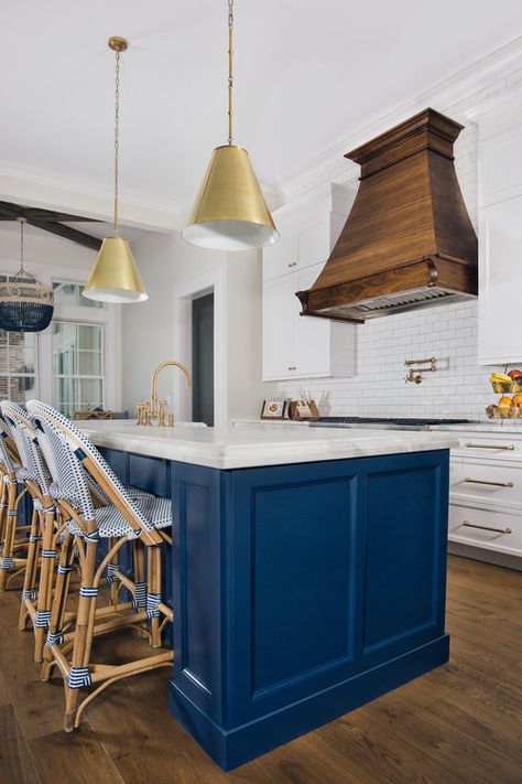 Blue Hood Kitchen, Navy Blue Range Hood, Blue Kitchen Hood, Wood Island Blue Cabinets, Blue Range Hood White Kitchen, Blue Range Hood, Walnut Range Hood, Tradewinds Hood Hood Range, Townhouse Remodel