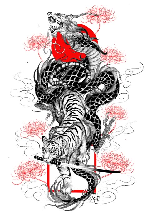 Japanese Tiger Dragon Tattoo, Tiger Dragon Tattoo Japanese Style, Dragon And Tiger Tattoo Design, Japanese Dragon And Tiger Tattoo, Tiger And Dragon Tattoo Japanese Style, Dragon Tattoos Forearm, Wolf And Dragon Tattoo, Samurai Tiger Tattoo, Back Tattoo Tiger