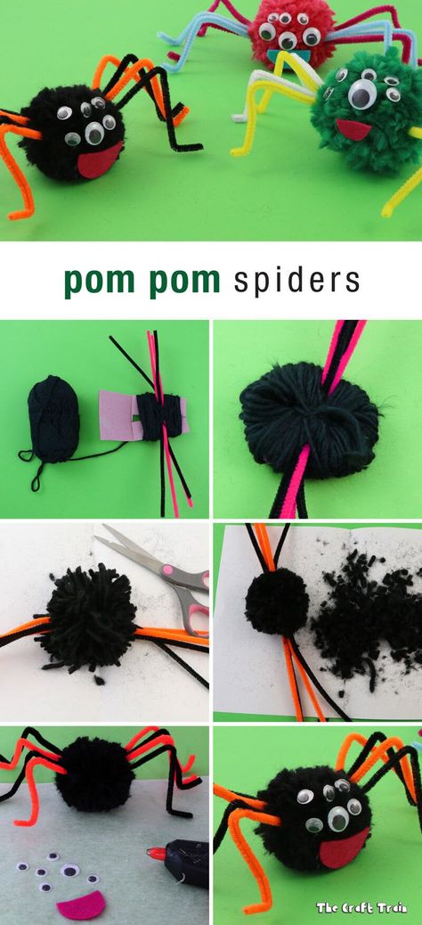 pom pom spider craft for Halloween Spider Pom Pom Craft, Pom Pom Halloween Crafts, Pom Pom Spider Craft, Pom Pom Halloween, Pom Pom Spider, Pom Pom Spiders, Easy Pom Pom, Arts And Craft Ideas, Festival Crafts