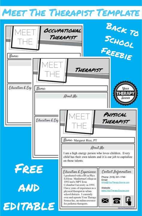 One important job of a school based therapist is to keep open lines of communication. Complete this FREE Meet the Therapist Letter from Your Therapy Source. Meet The Therapist, Teacher Letters, School Therapist, Occupational Therapy Schools, Pt School, Pediatric Clinic, Slp Materials, All About Me Worksheet, The Therapist